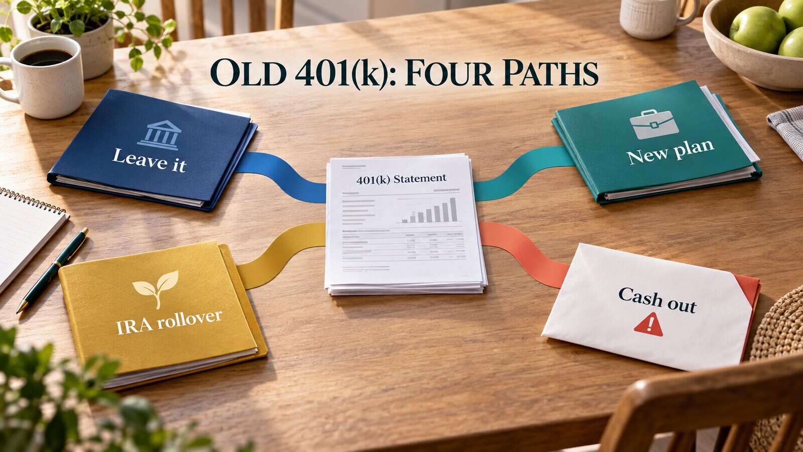 401(k) rollover options guide comparing an old employer plan, new 401(k), IRA and cash distribution