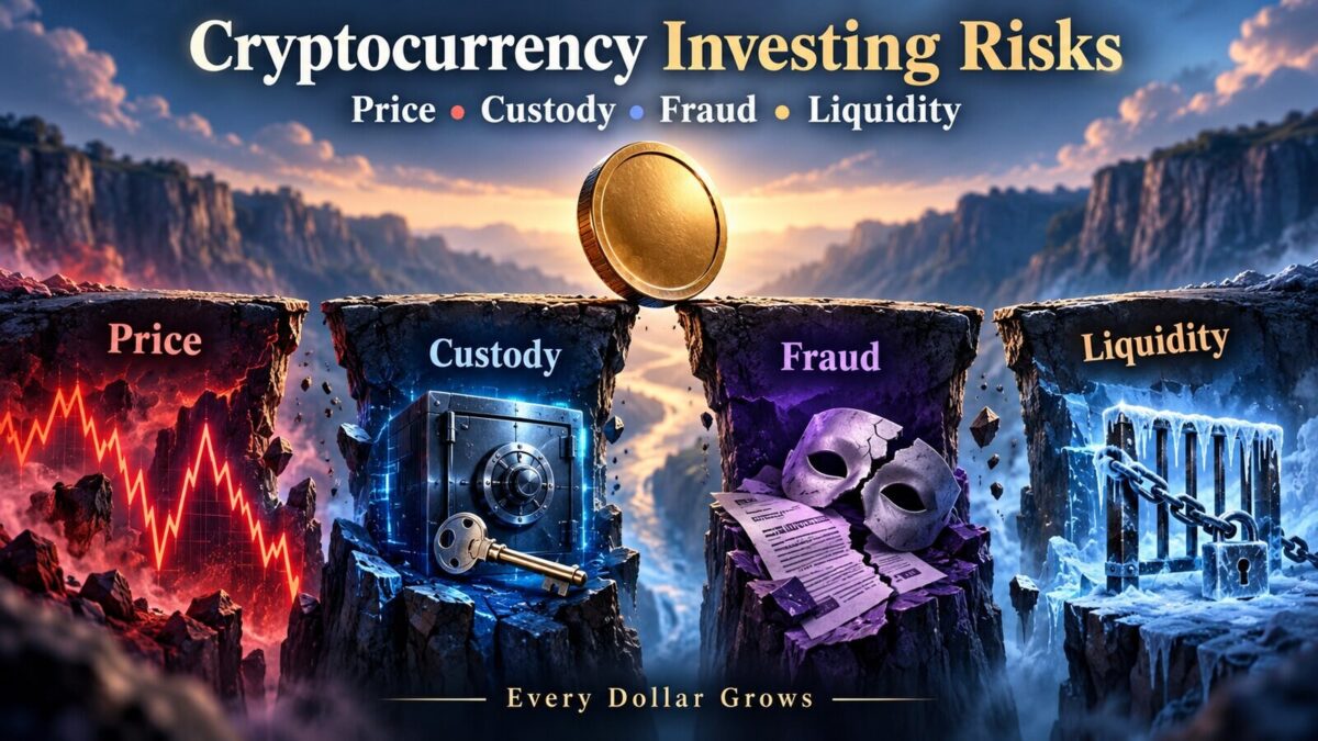 Polished Every Dollar Grows editorial visual for Cryptocurrency Investing Risks
