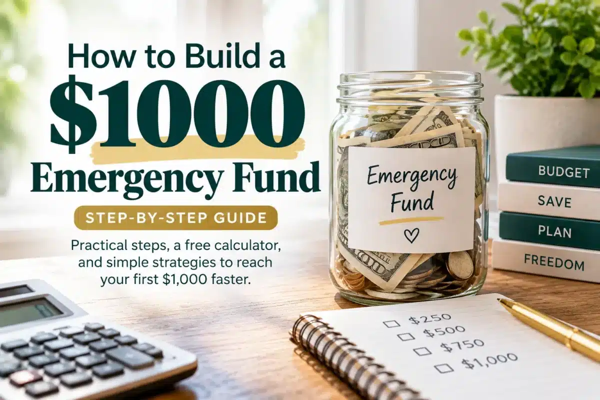 How to build a $1000 emergency fund with savings jar, calculator, and milestone plan