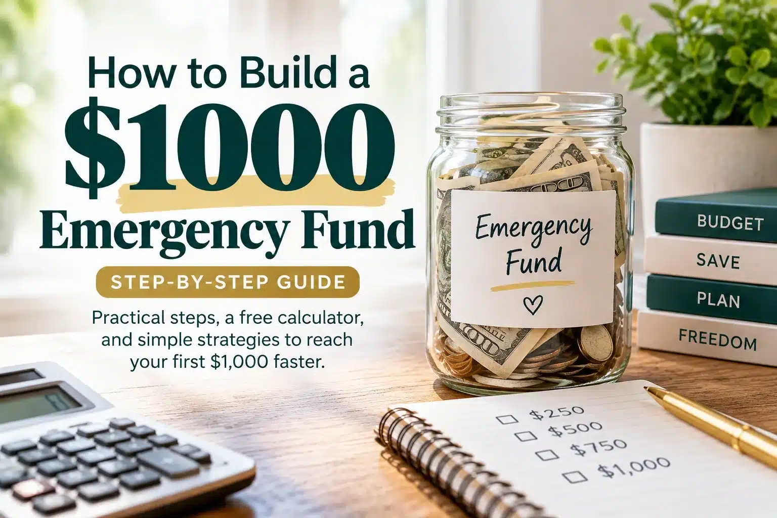 How to build a $1000 emergency fund with savings jar, calculator, and milestone plan