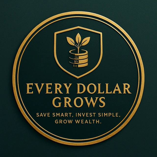Every Dollar Grows logo with a gold shield, stacked coins, and sprout on a deep green background.