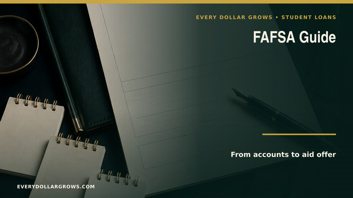 FAFSA guide showing student and contributor accounts, three deadlines, Student Aid Index, submission, and aid offer comparison