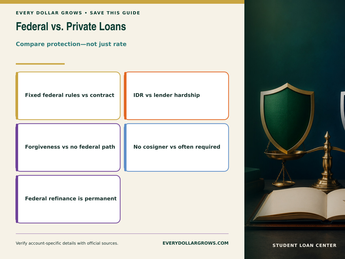Federal versus private student loan comparison covering lender, interest rate, credit requirements, income-driven repayment, forgiveness, and refinancing