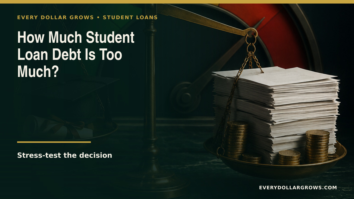 Student loan affordability stress test comparing total debt, conservative salary, monthly take-home pay, and failure scenarios