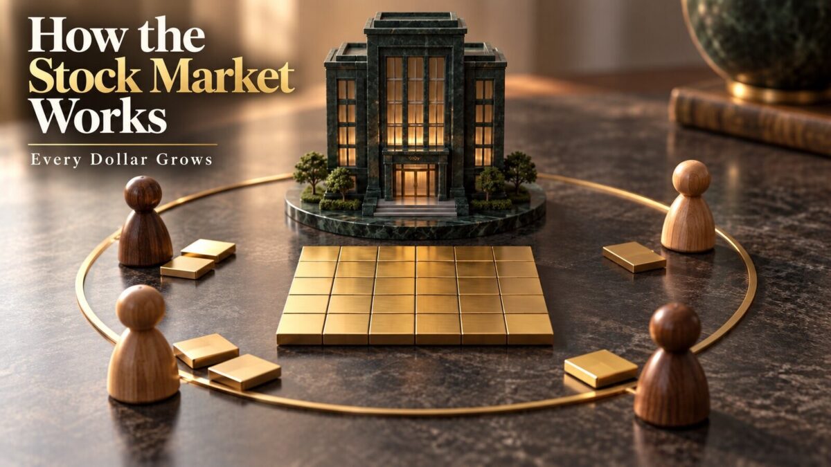 Polished Every Dollar Grows editorial visual for How the Stock Market Works