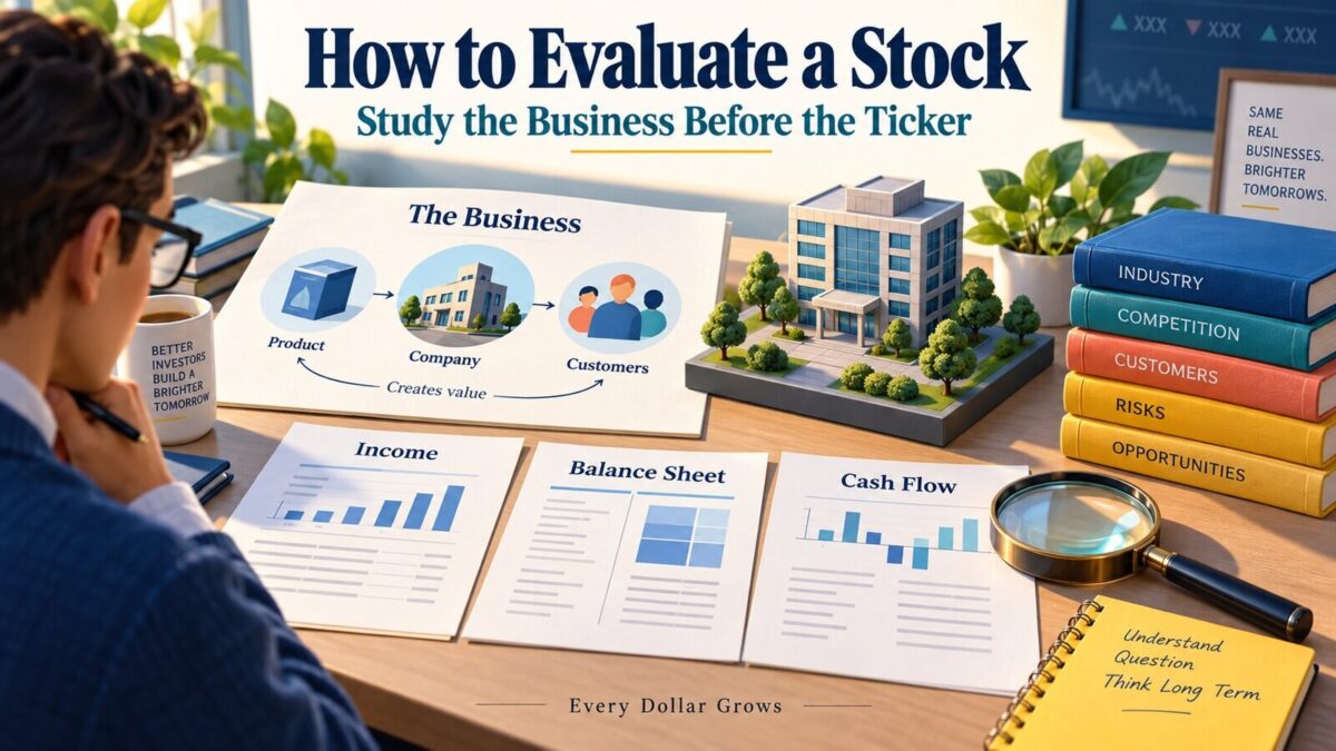 Polished Every Dollar Grows editorial visual for How to Evaluate a Stock