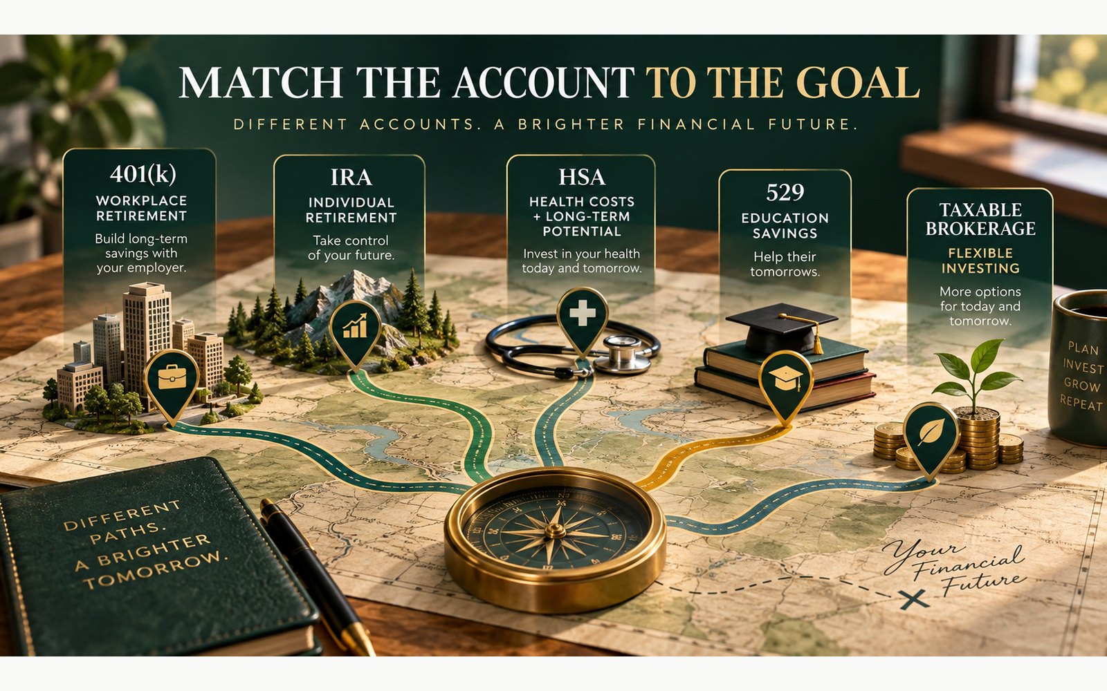 Visual map comparing 401(k), IRA, HSA, 529, and taxable brokerage accounts by financial goal