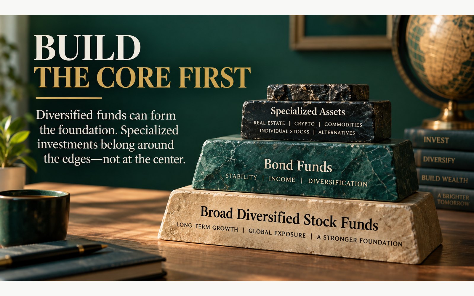 Beginner portfolio visual showing diversified funds as the core with specialized investments outside the core
