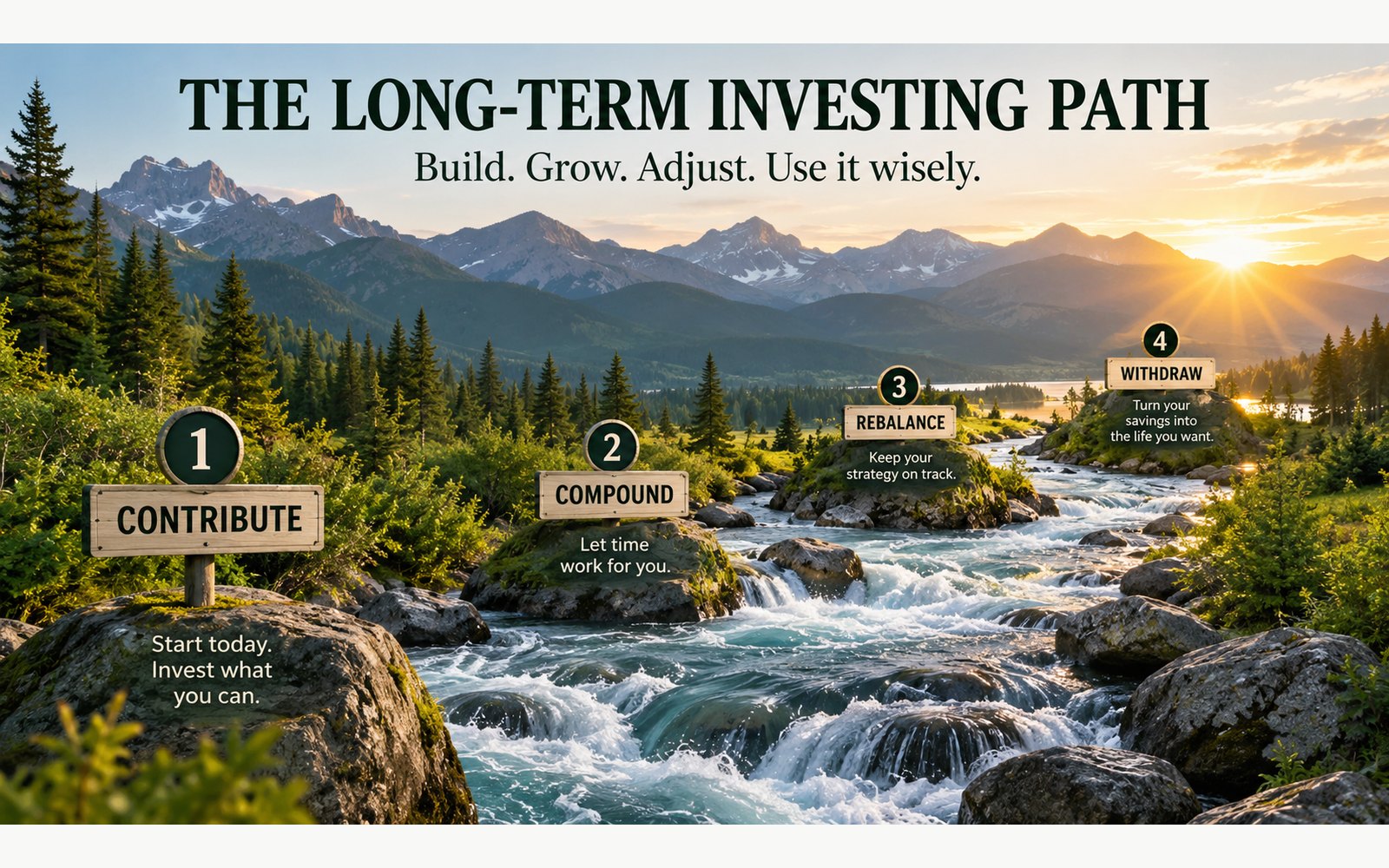 Long-term investing path from contributions and compounding to rebalancing and retirement withdrawals