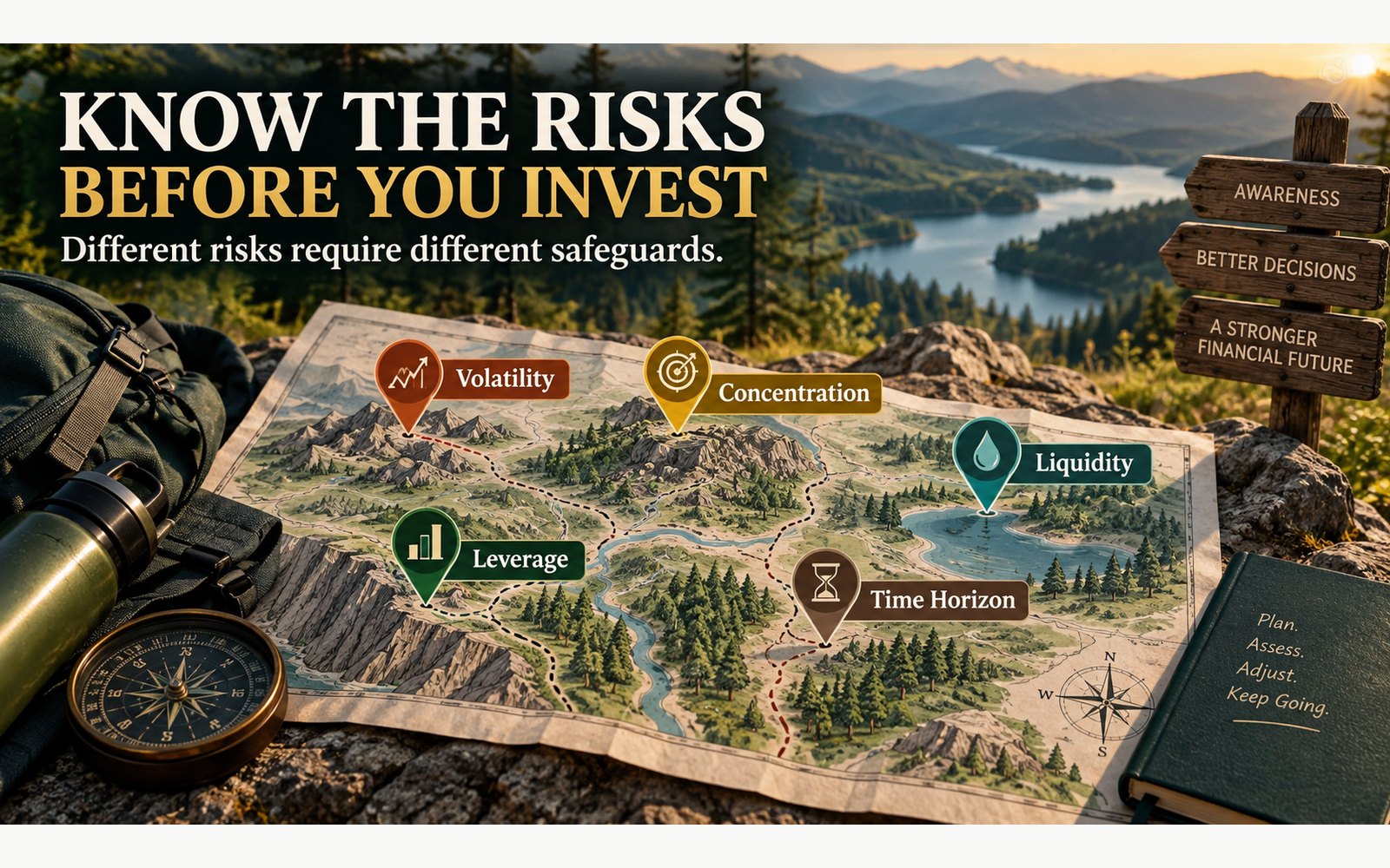 Investment risk visual comparing liquidity, concentration, volatility, leverage, and time-horizon risk
