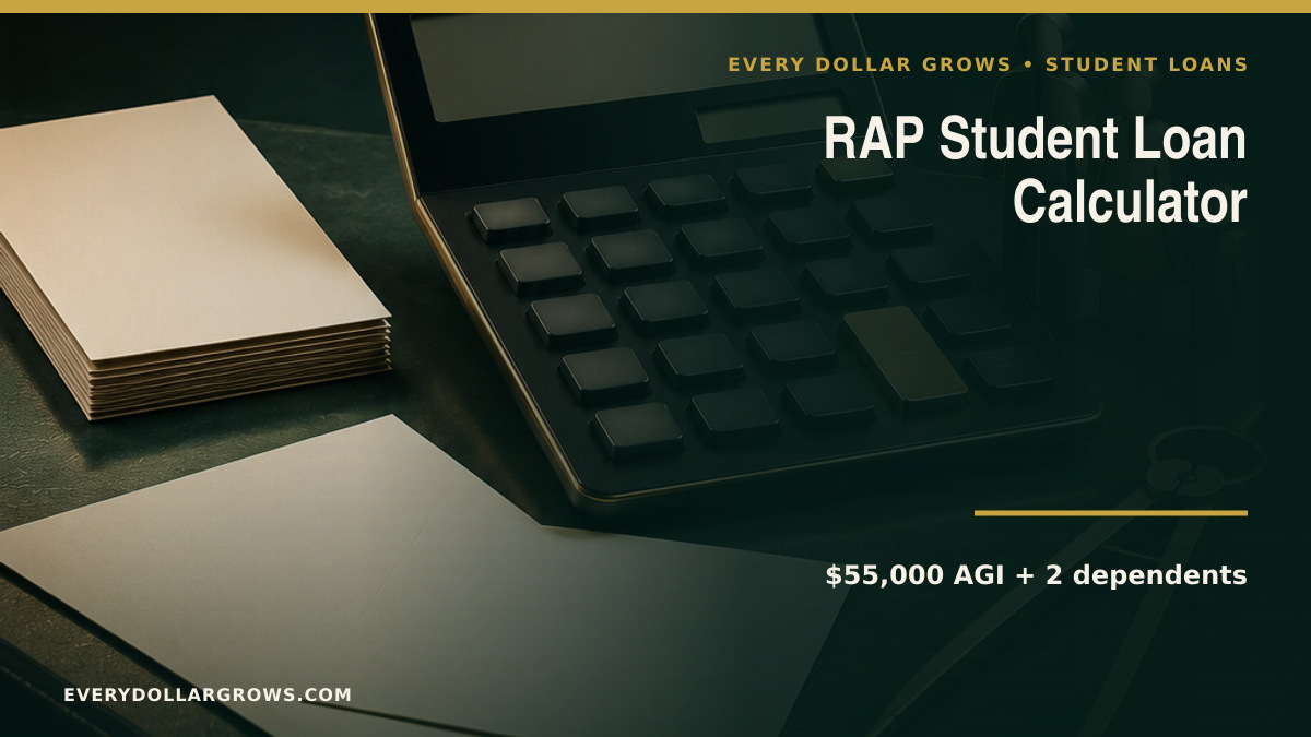 RAP student loan calculator with AGI, dependents, formula band, monthly base, and estimated payment