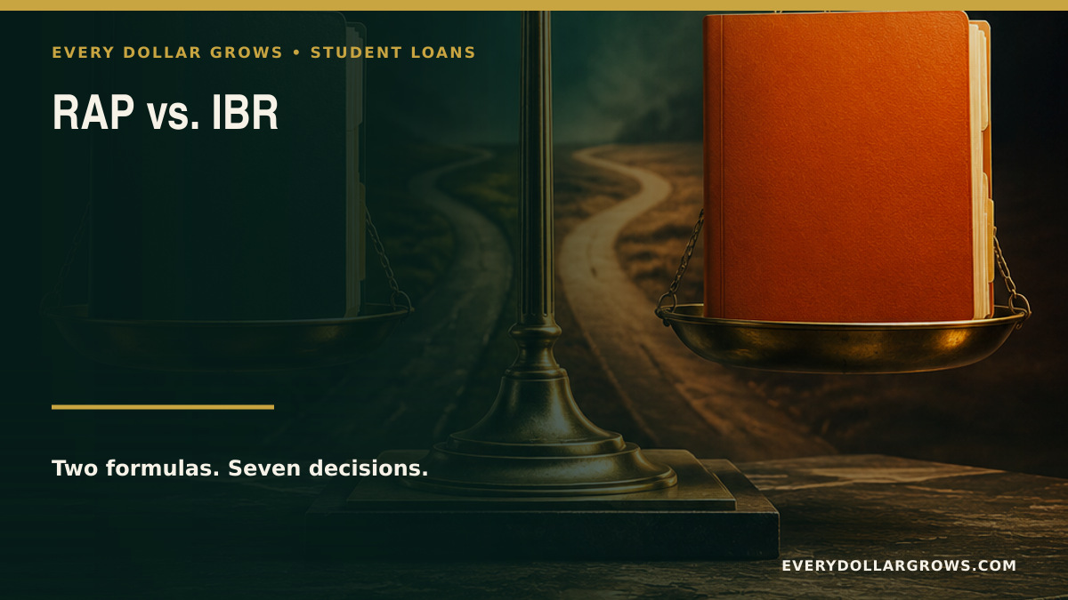 RAP versus IBR student loan comparison showing full AGI formula, discretionary income formula, terms, interest, and payment cap
