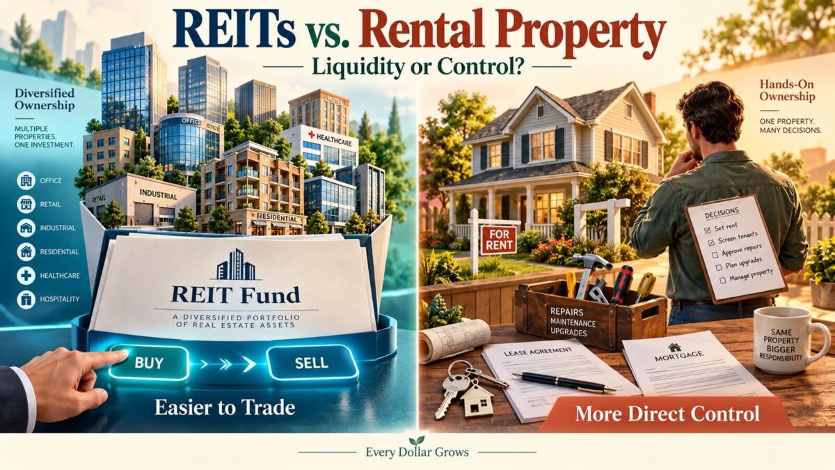 Polished Every Dollar Grows editorial visual for REITs vs. Rental Property