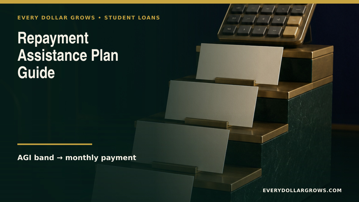 Repayment Assistance Plan guide with AGI bands, dependent reduction, $10 minimum, interest relief, and 30-year timeline