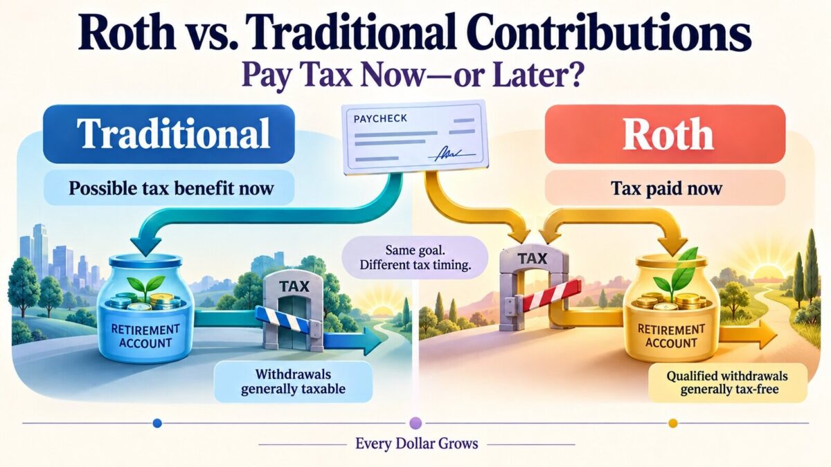 Polished Every Dollar Grows editorial visual for Roth vs. Traditional Contributions