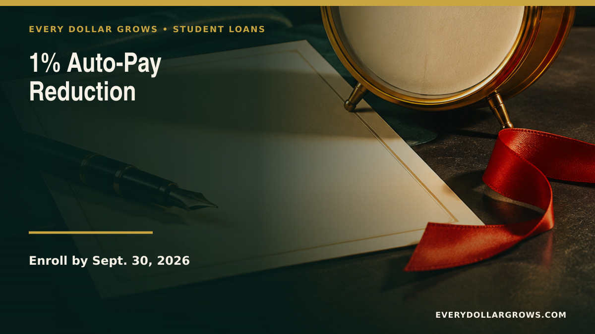 Federal student loan auto-pay announcement showing a temporary 1% rate reduction, September 30 2026 enrollment deadline, and June 30 2028 end date