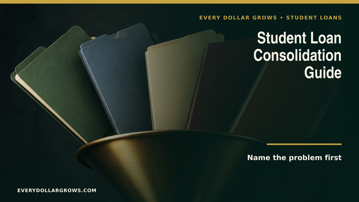 Federal student loan consolidation decision showing old loan types entering one new Direct Consolidation Loan with rate, plan, and payment-credit checks