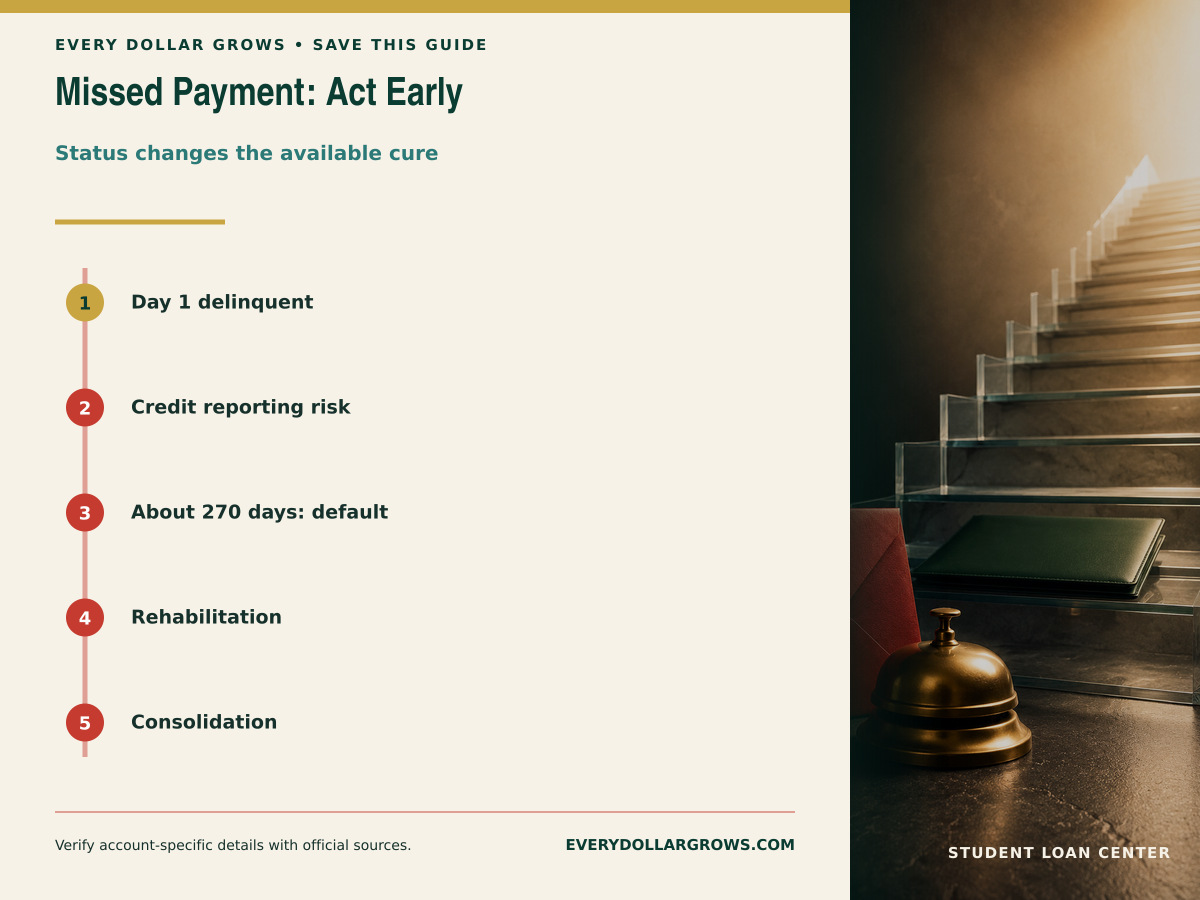 Federal student loan delinquency and default action map comparing early servicer help, rehabilitation, consolidation, repayment in full, and private-loan actions
