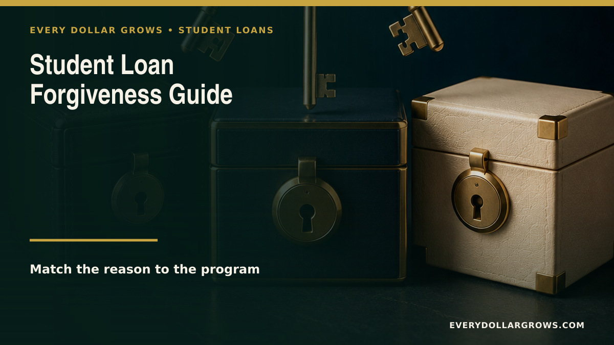 Student loan forgiveness program map with public service, income-driven repayment, teaching, disability, and school-related discharge paths