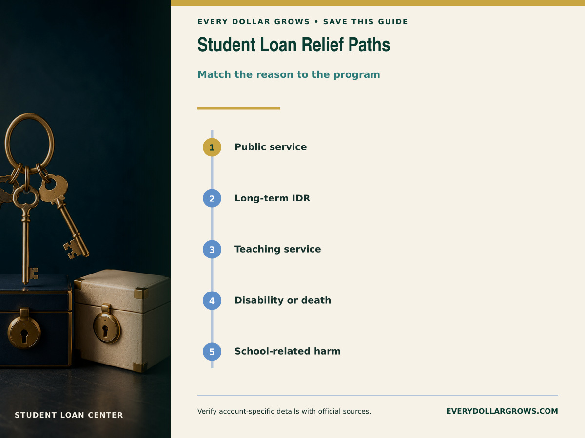 Federal student loan forgiveness comparison showing major forgiveness and discharge paths, core requirements, documentation, timeline, and potential tax treatment