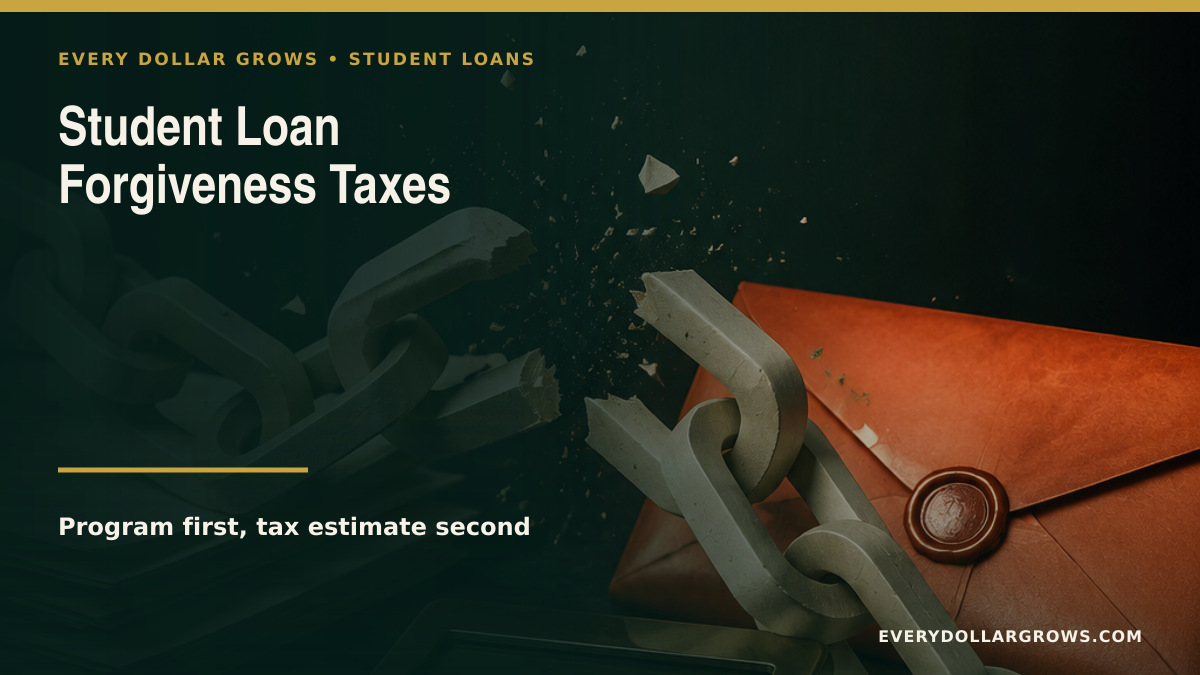 Student loan forgiveness tax planner comparing PSLF, IDR discharge, federal tax, state tax, and reserve savings