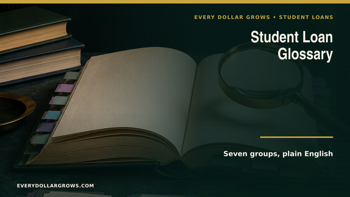 Student loan glossary reference cards for borrowing, interest, repayment, forgiveness, consolidation, delinquency, and default terms