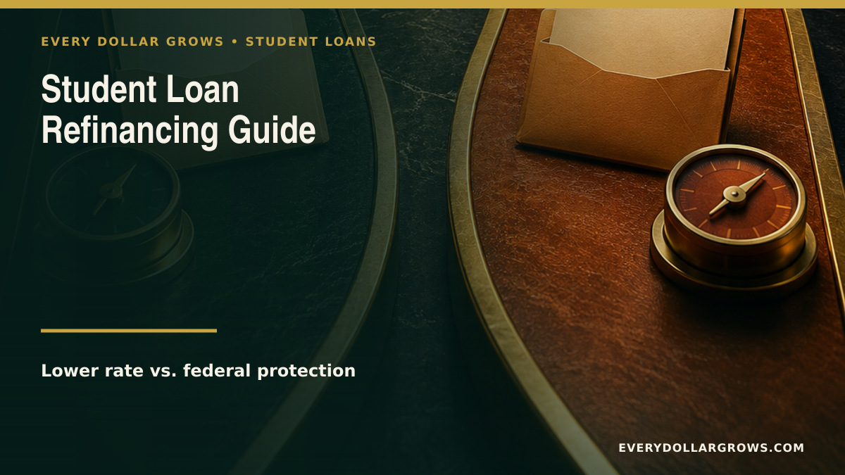 Student loan refinancing comparison showing lower rate, equal payoff term, federal benefits lost, variable-rate risk, and cosigner terms