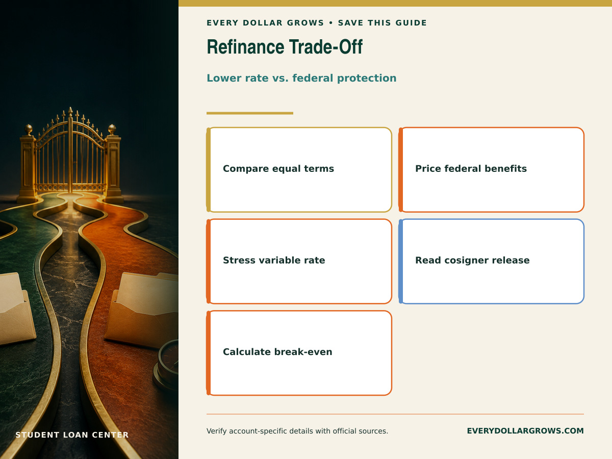 Student loan refinancing checklist comparing a federal or private loan with a new private refinance offer, including rate, term, payment, and federal protections lost