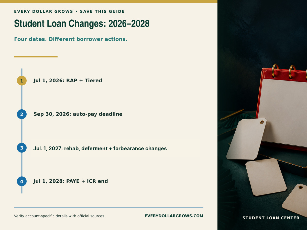 Timeline of student loan changes on July 1, 2026, July 1, 2027, and July 1, 2028 with borrower actions