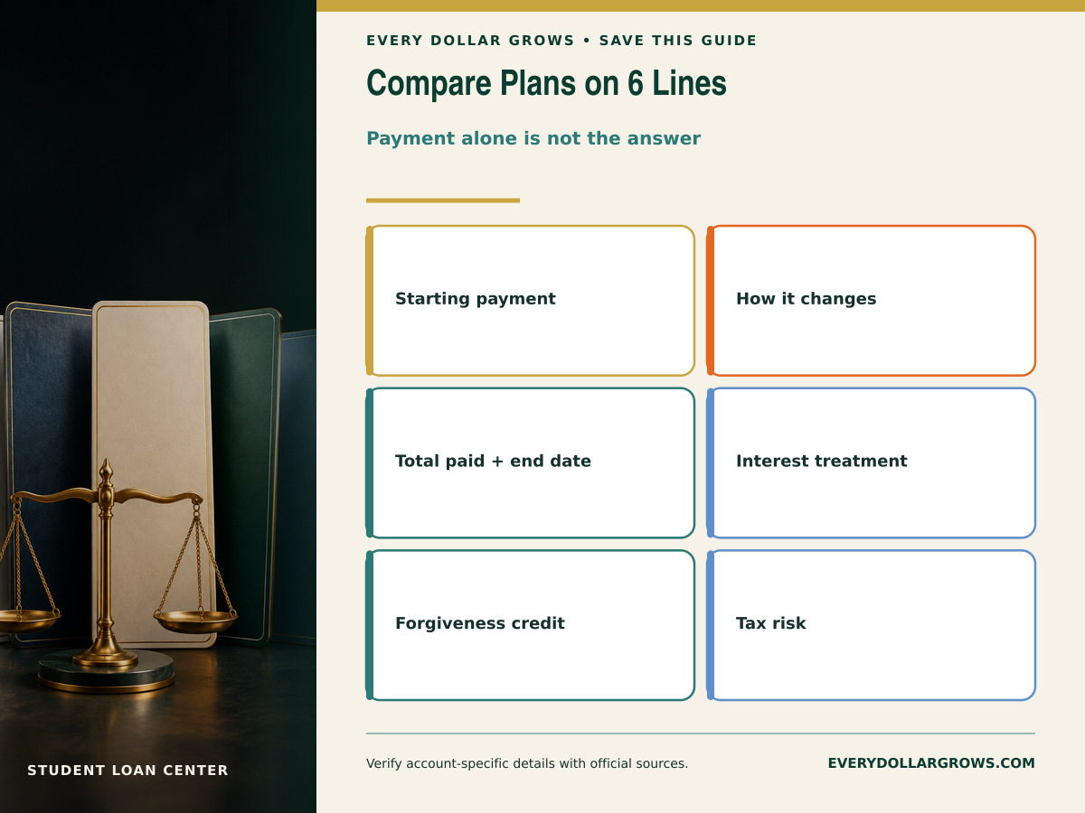 Student loan repayment plan comparison showing payment amount, payment changes, total cost, interest treatment, forgiveness credit, and taxes