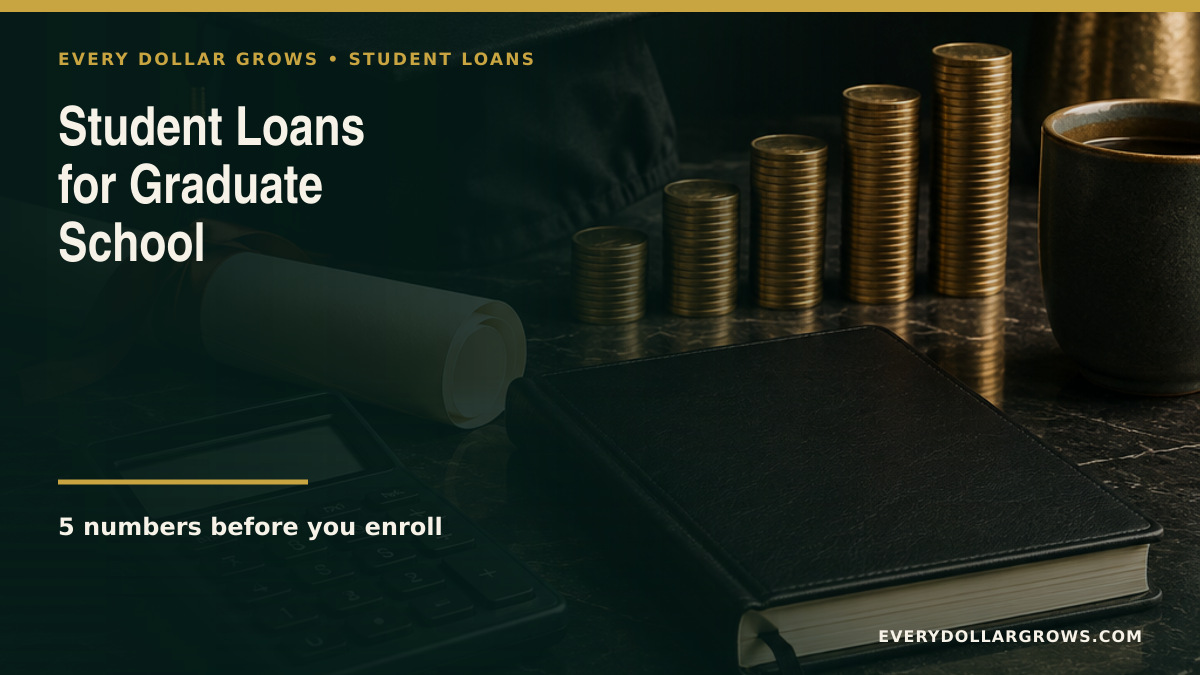 Graduate school funding plan with total credential cost, federal limits, assistantships, earnings range, and repayment stress test