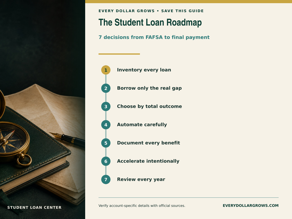 Student loan roadmap showing the steps from identifying loans and borrowing carefully through repayment, documentation, payoff strategy, and annual review