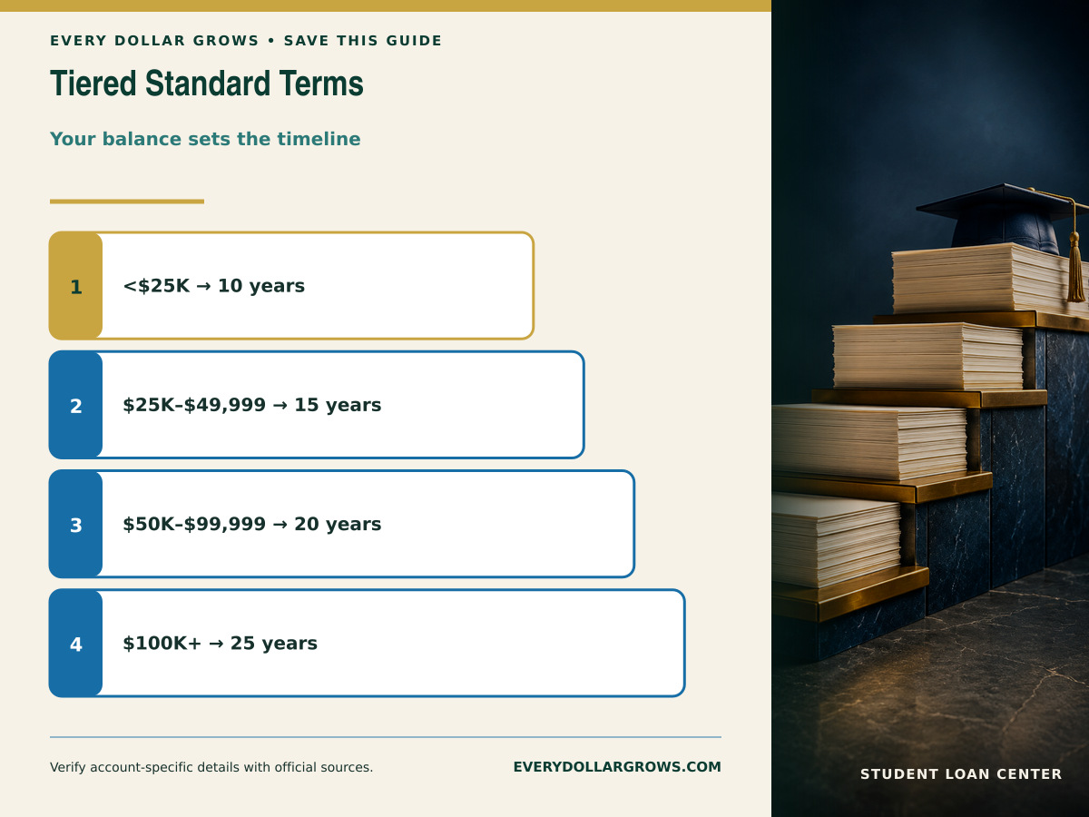 Tiered Standard balance table showing under $25,000 for 10 years, $25,000 to $49,999 for 15 years, $50,000 to $99,999 for 20 years, and $100,000 or more for 25 years