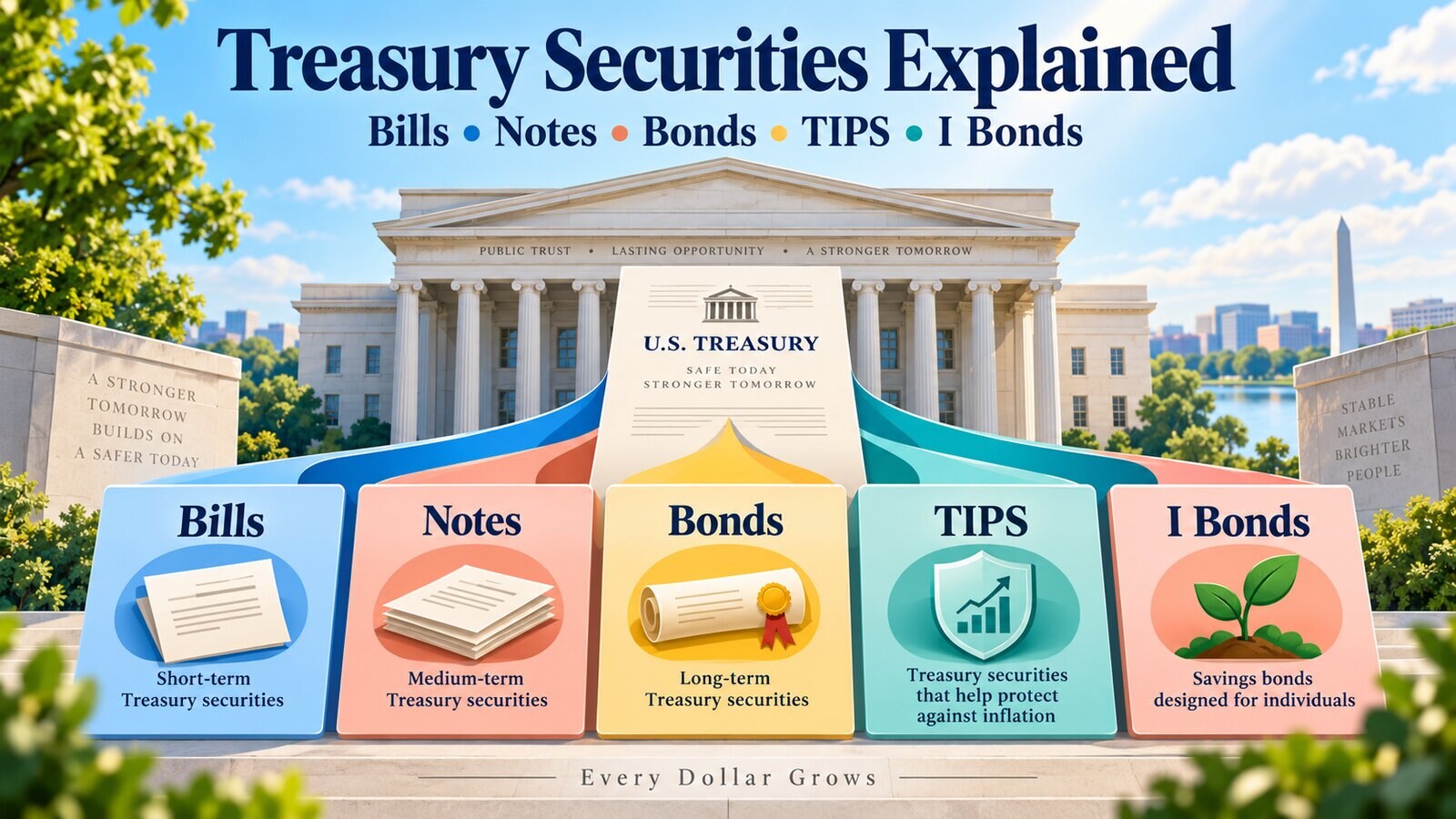 Polished Every Dollar Grows editorial visual for Treasury Securities Explained