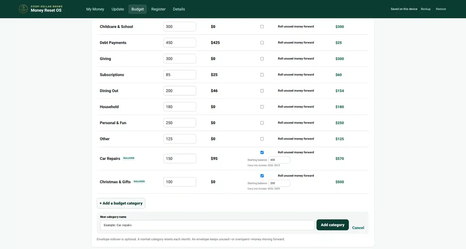 Money Reset OS budget showing optional rollover money envelopes for categories that need to build over time.