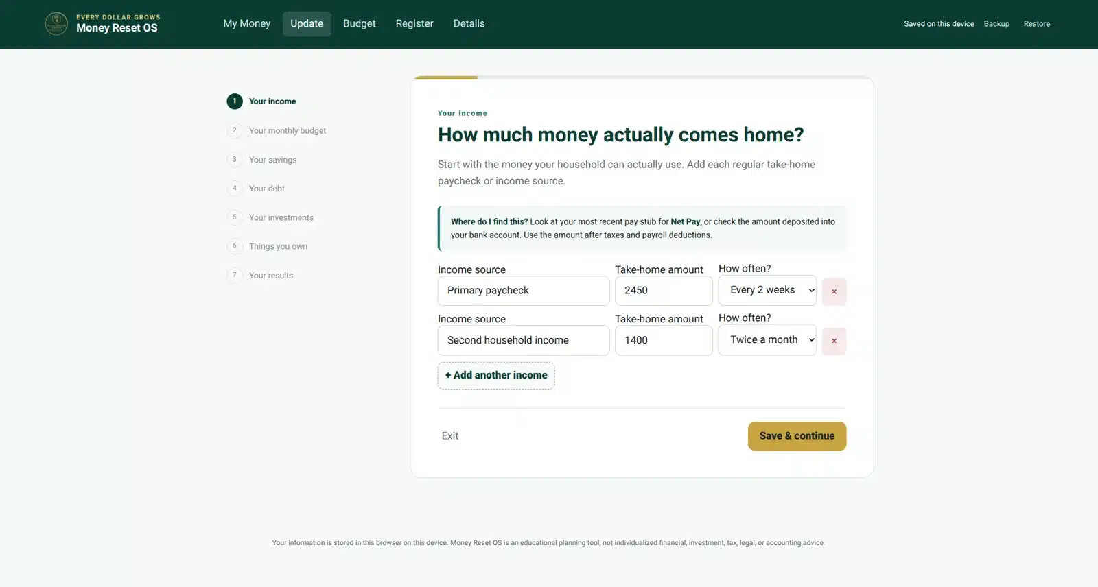Money Reset OS guided setup asking clear financial questions and showing where to find each answer.