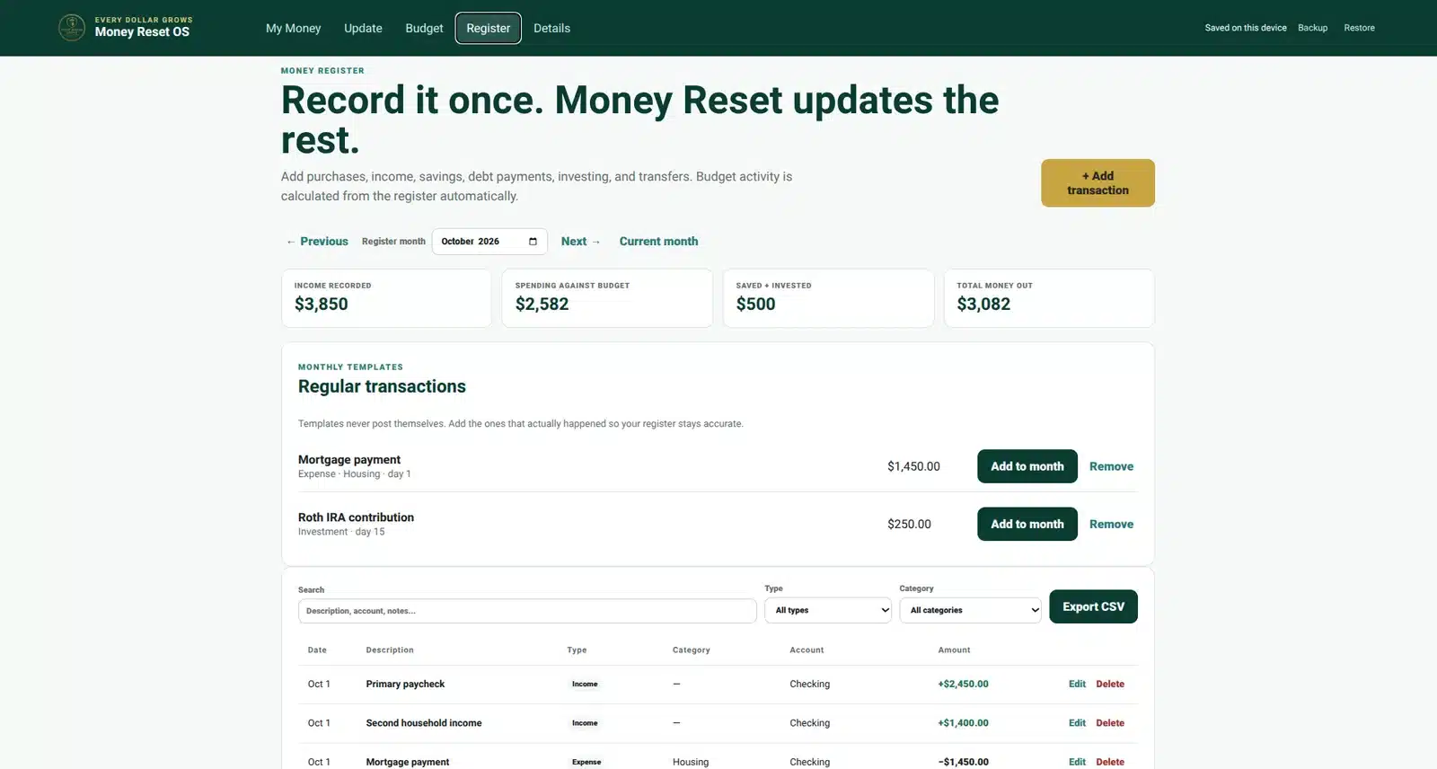 Money Reset OS transaction register for tracking spending, income, savings, debt payments, investment contributions, and transfers.
