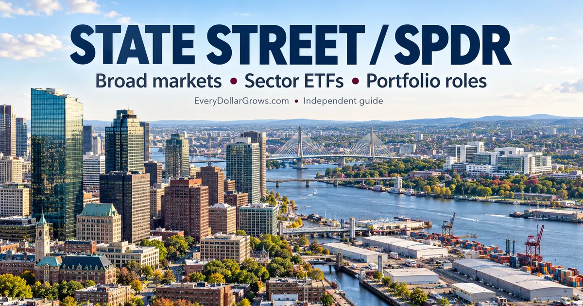 A city with varied commercial and industrial buildings for the SPDR broad-market and sector ETF guide. Independent EveryDollarGrows.com guide.