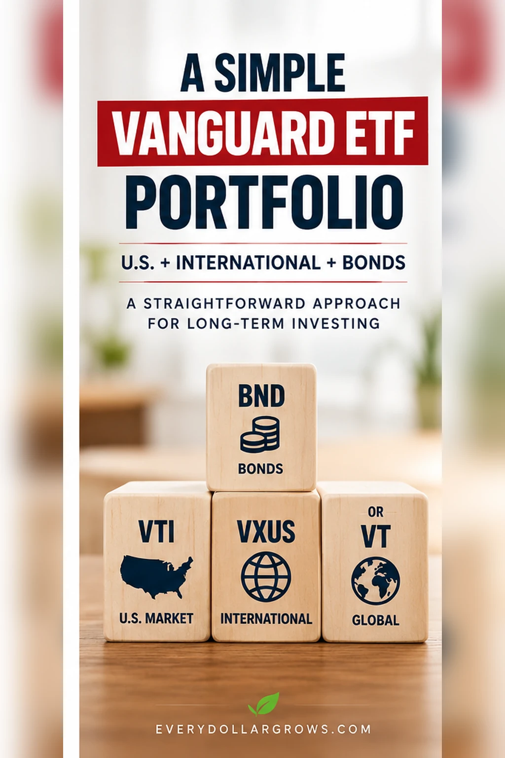Simple Vanguard ETF portfolio illustration using U.S. stocks, international stocks and bond fund building blocks